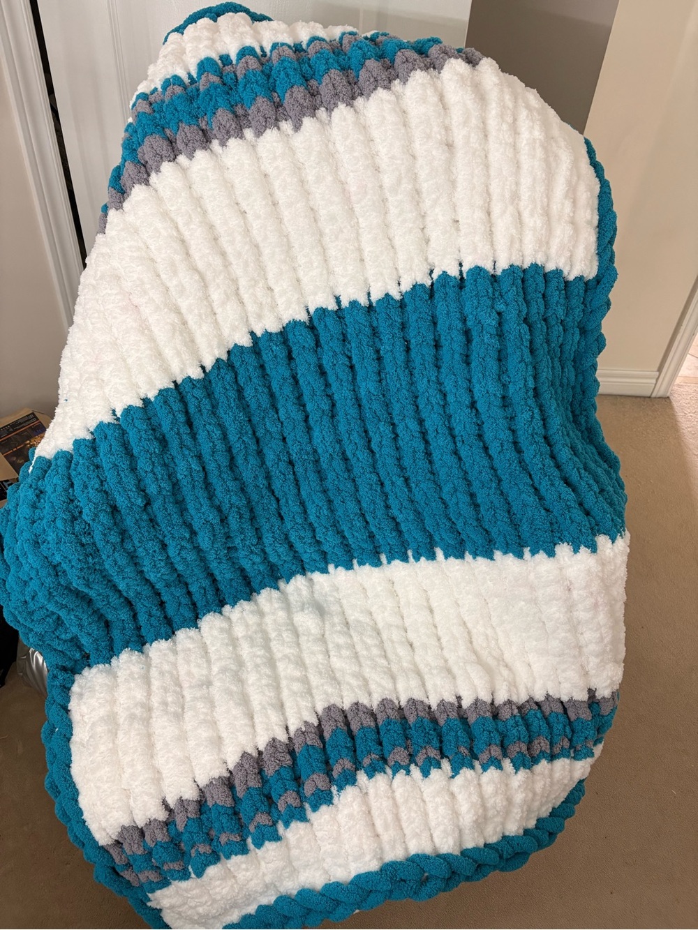 Cozy Plush Striped Throw Blanket - White & Teal
